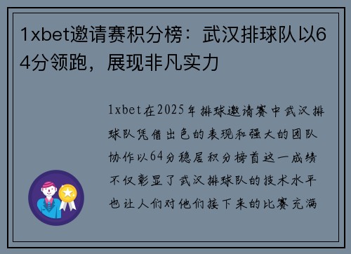 1xbet邀请赛积分榜：武汉排球队以64分领跑，展现非凡实力